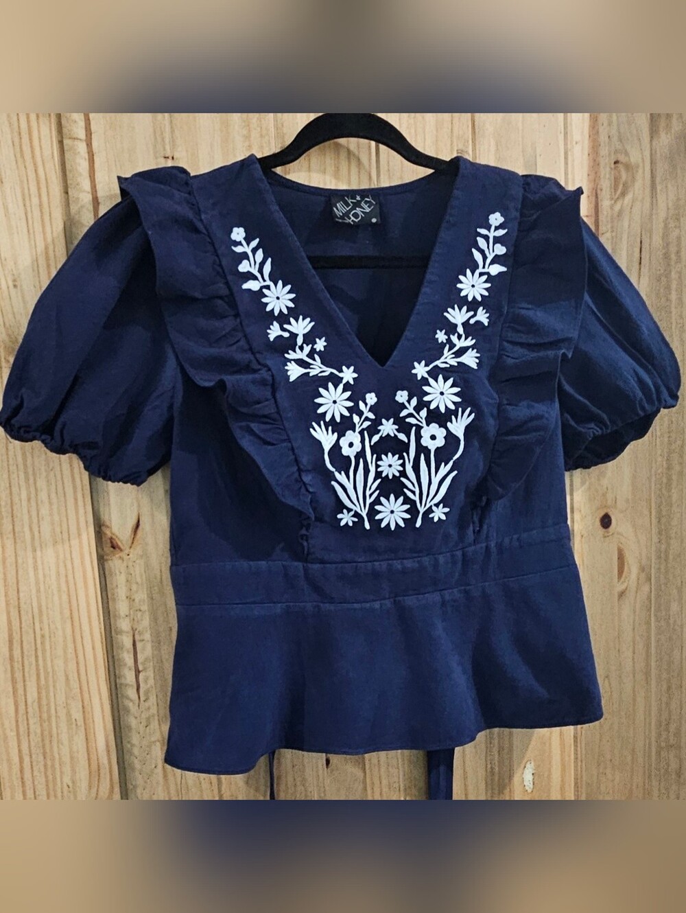 Milk And Honey Navy Embroidered V-Neck Peplum Top